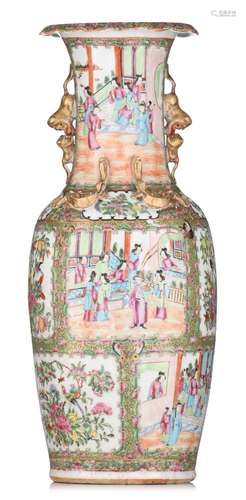 A Chinese Canton famille rose vase, paired with Fu-lion hand...