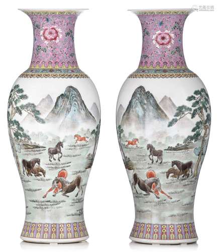 A pair of Chinese famille rose baluster vases, 20thC, H 61 c...