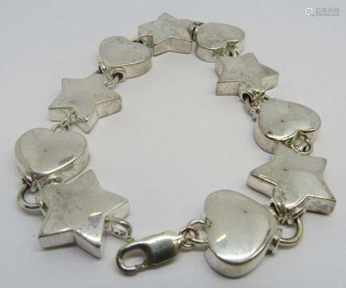 8 INCH STERLING HEART AND STAR PANEL BRACELET