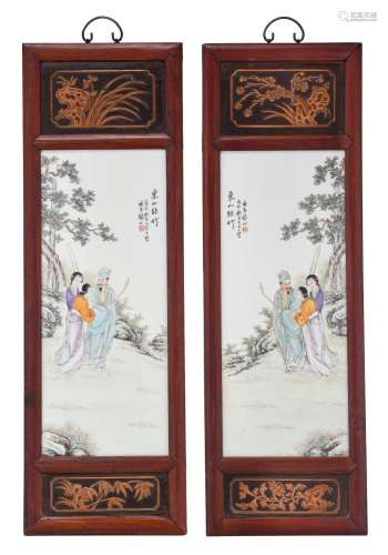 A pair of Chinese famille rose plaques, with a signed text, ...