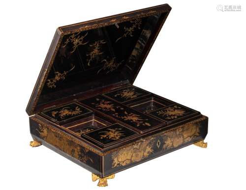 A South-Chinese export gilt and black lacquer game box, 19th...