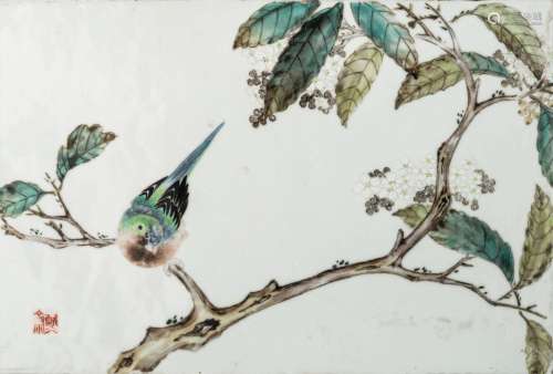 A Chinese famille rose 'Bird on branches' porcelain plaque, ...