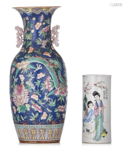 A Chinese famille rose vase, 19thC, H 57 cm - and a famille ...