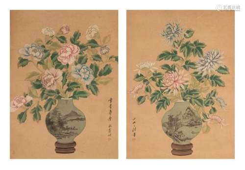 Two Chinese 'Flower vase' paintings, ink and watercolour on ...