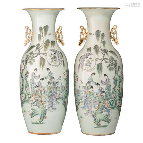 A pair of Chinese famille rose vases, with a signed text, pa...