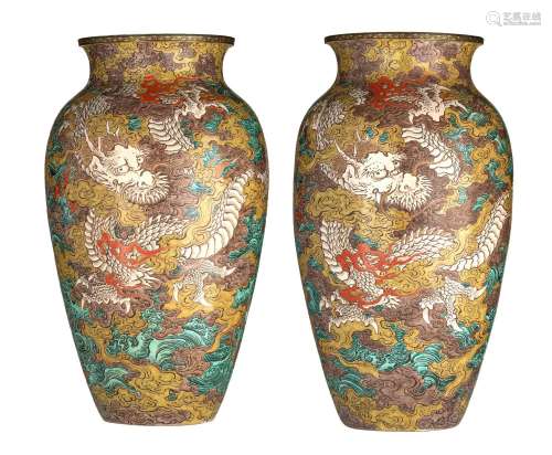A similar pair of two Japanese polychrome enamelled amphora-...