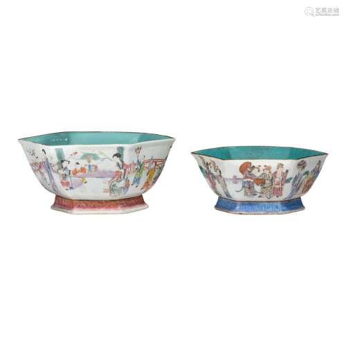 Two Chinese famille rose 'Figural' hexagonal footed bowls, t...