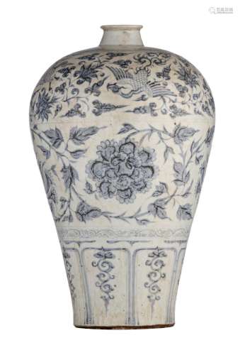 A Chinese blue and white meiping vase, presumably Yuan dynas...
