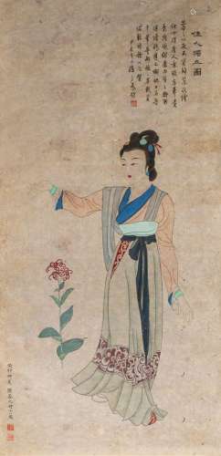 A Chinese scroll painting of a lady, ink and watercolour on ...