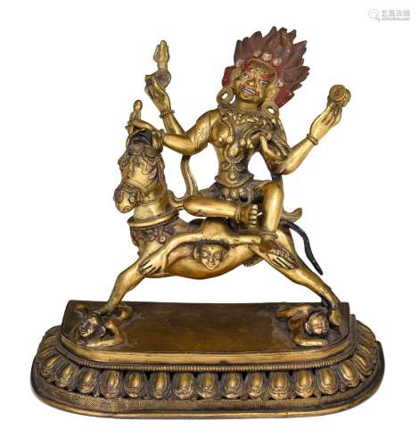 A Sino-Tibetan gilt-bronze figure of Shri Devi, 19thC, H 20,...