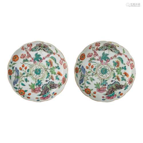 Two Chinese famille rose 'Butterflies' lobed dishes, marked ...