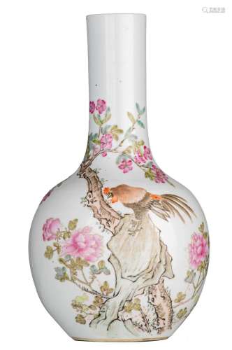 A Chinese Qianjiangcai 'Cockerel' bottle vase, the back with...