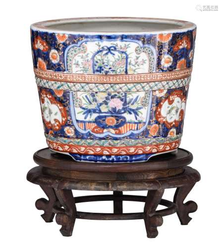 A Japanese Imari jardinière, on a matching wooden stand, H 2...