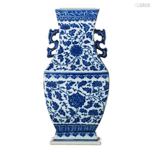 A Chinese blue and white 'Lotus scrolls' fanghu vase, paired...