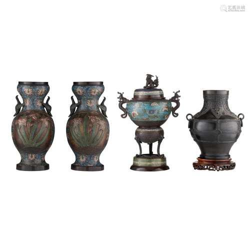 A collection of three Japanese champlevé enamelled bronze wa...