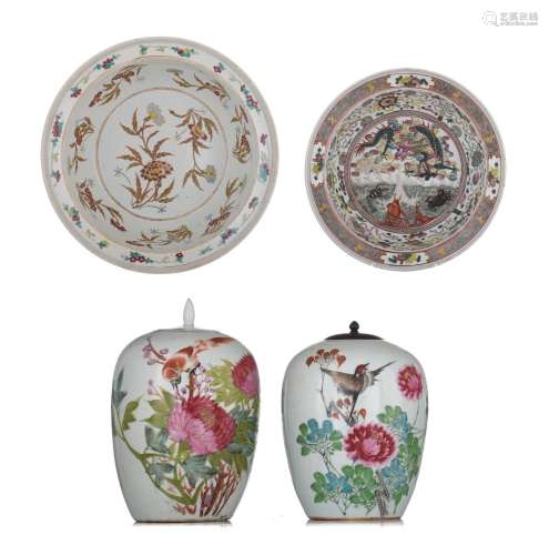 A collection of two Chinese famille rose basins and two melo...