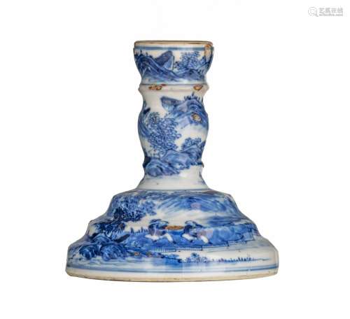 A Chinese blue and white candle holder, with text and marked...