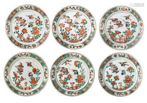 A series of six Chinese famille verte 'Birds and flowers' pl...