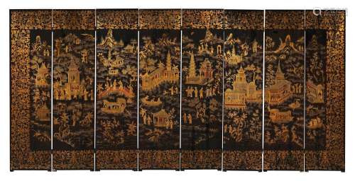 A Chinese export eight-panel gilt and black lacquer screen, ...