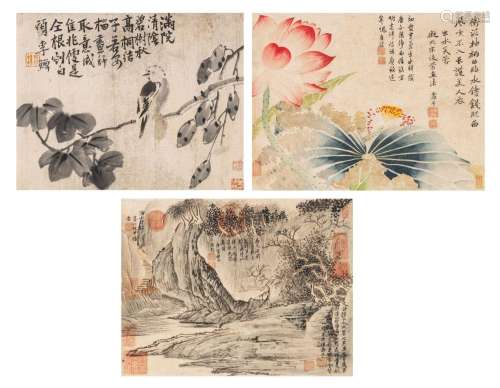 Three Chinese paintings, ink and watercolour on paper, with ...