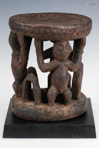 Archaic African Bamun Prestige Stool w/ 3 figures, 19th C.