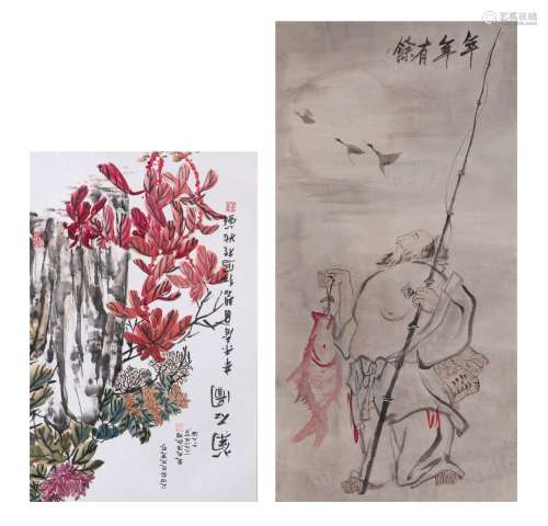 Two Chinese scroll paintings, ink and watercolour on paper, ...