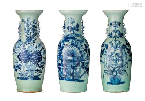 Three blue and white on celadon vases, 19thC, H 58 - 61 cm