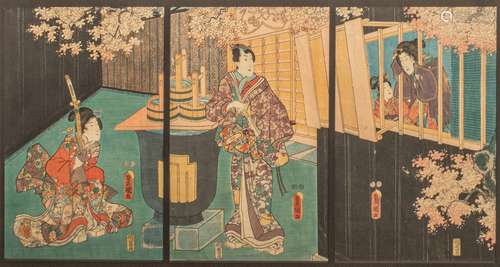 A triptych of Japanese woodblock prints, signed by Toyokuni,...