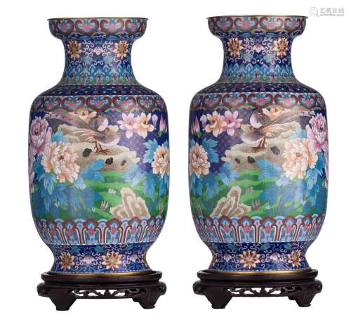A pair of Chinese cloisonné enamelled 'Birds and peonies' br...