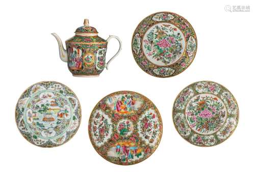 Four Chinese Canton famille rose plates and a teapot, 19thC,...