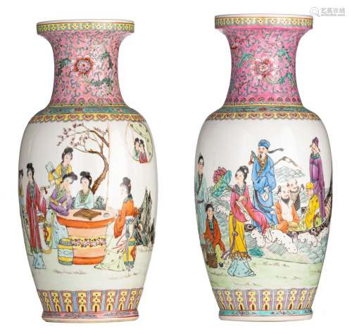 Two Chinese famille rose 'Figural' vases, 20thC, H 46,5 - 47...