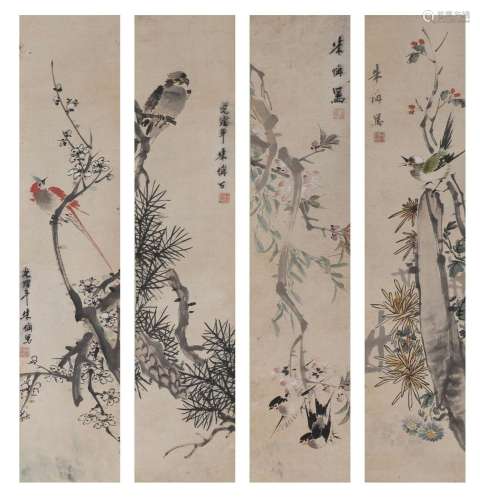 A series of four Chinese scroll paintings, ink and watercolo...