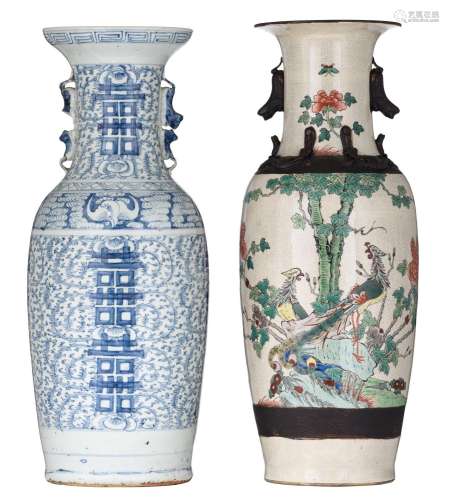 A Chinese famille verte on crackle-glazed Nanking vase, pair...