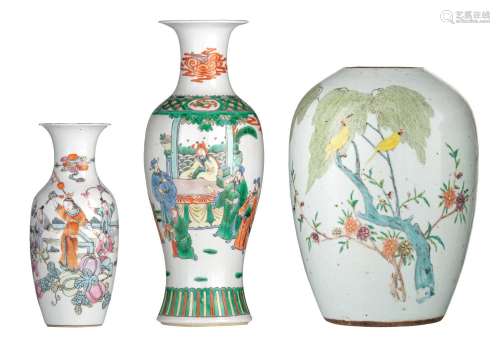 A Chinese famille verte and a famille rose vase, 19thC, Tall...