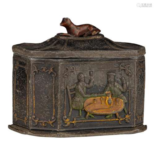 An interesting Oriental-style tea caddy in lead, moulded wit...