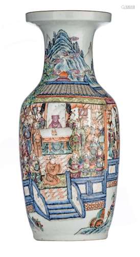 A Chinese famille rose 'Court scene' vase, 19thC, H 56 cm