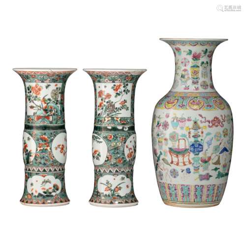 A pair of Chinese famille verte Gu vases, 19thC, H 36 cm - a...