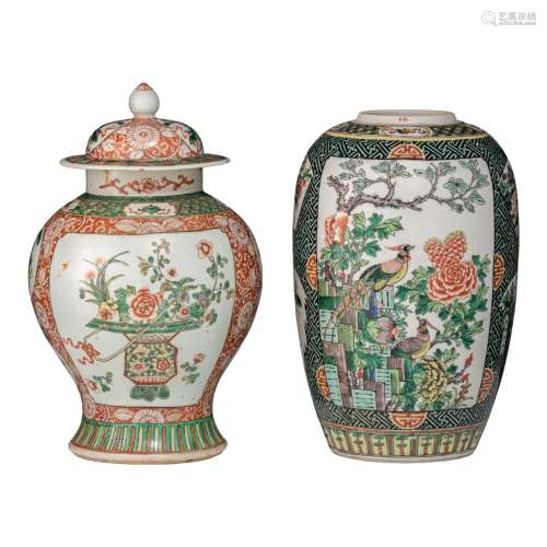 A Chinese famille verte covered vase and a melon-shaped jar,...