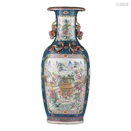 A Chinese famille rose vase, paired with recumbent lion hand...