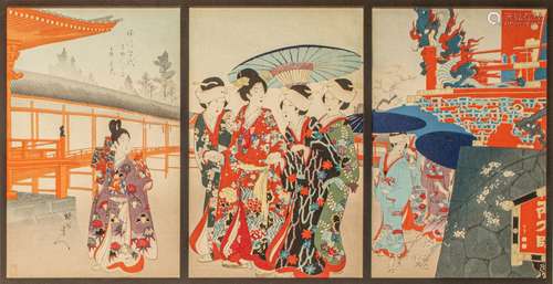 A triptych of Japanese woodblock prints by Nobukazu, depicti...