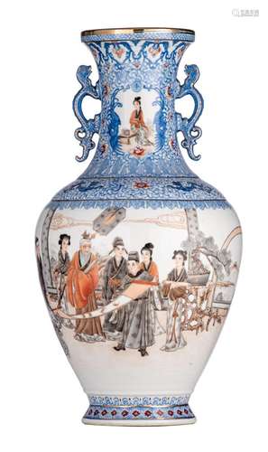 A Chinese polychrome decorated Hu vase, paired with dragon h...