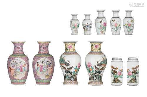 A collection of Chinese famille rose vases, multiple pairs, ...