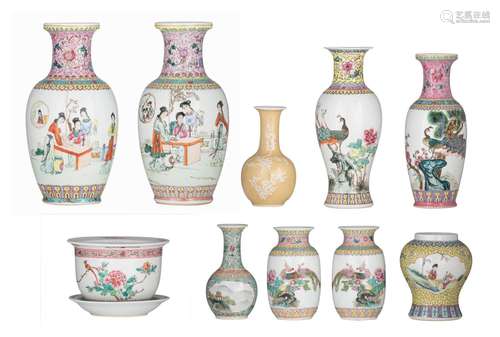 A collection of Chinese famille rose vases and a jardinirère...