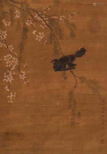A Chinese scroll painting of a swallow on a prunus, ink and ...