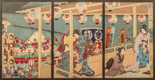 A triptych of Japanese woodblock prints by Chikanobu, depict...