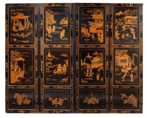 A Chinese gilt and black lacquered four-panel chamber screen...