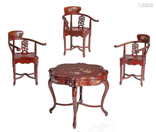A Chinese carved rosewood table set, with mother-of-pearl in...