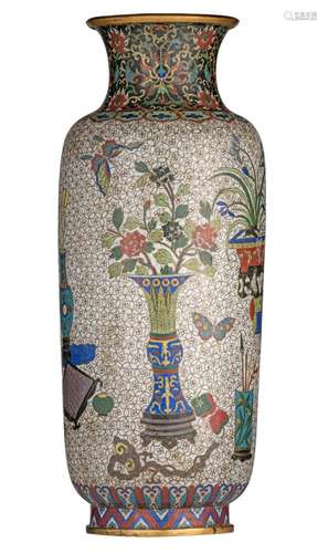 A fine Chinese cloisonné enamelled bronze rouleau vase, earl...