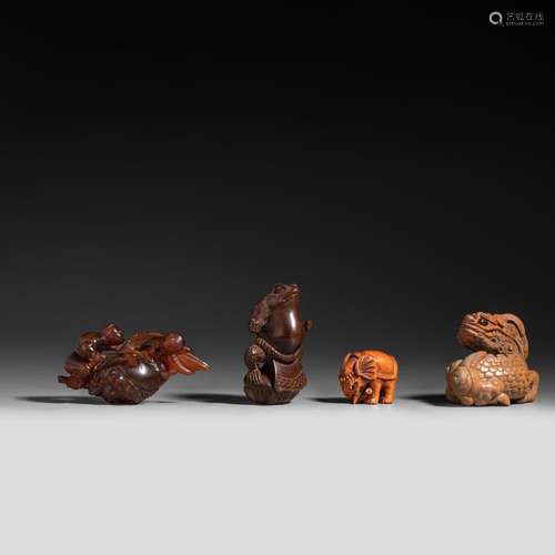 Two netsuke, an ojime and an okimono, Meiji period, H 2,2 cm...