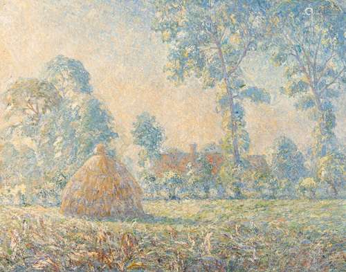 Modest Huys (1874-1932), 'Het Erf', misty haystacks, ca. 190...